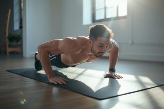 Man doing push-ups during best chest workout for beginners at home