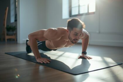 Man doing push-ups during best chest workout for beginners at home