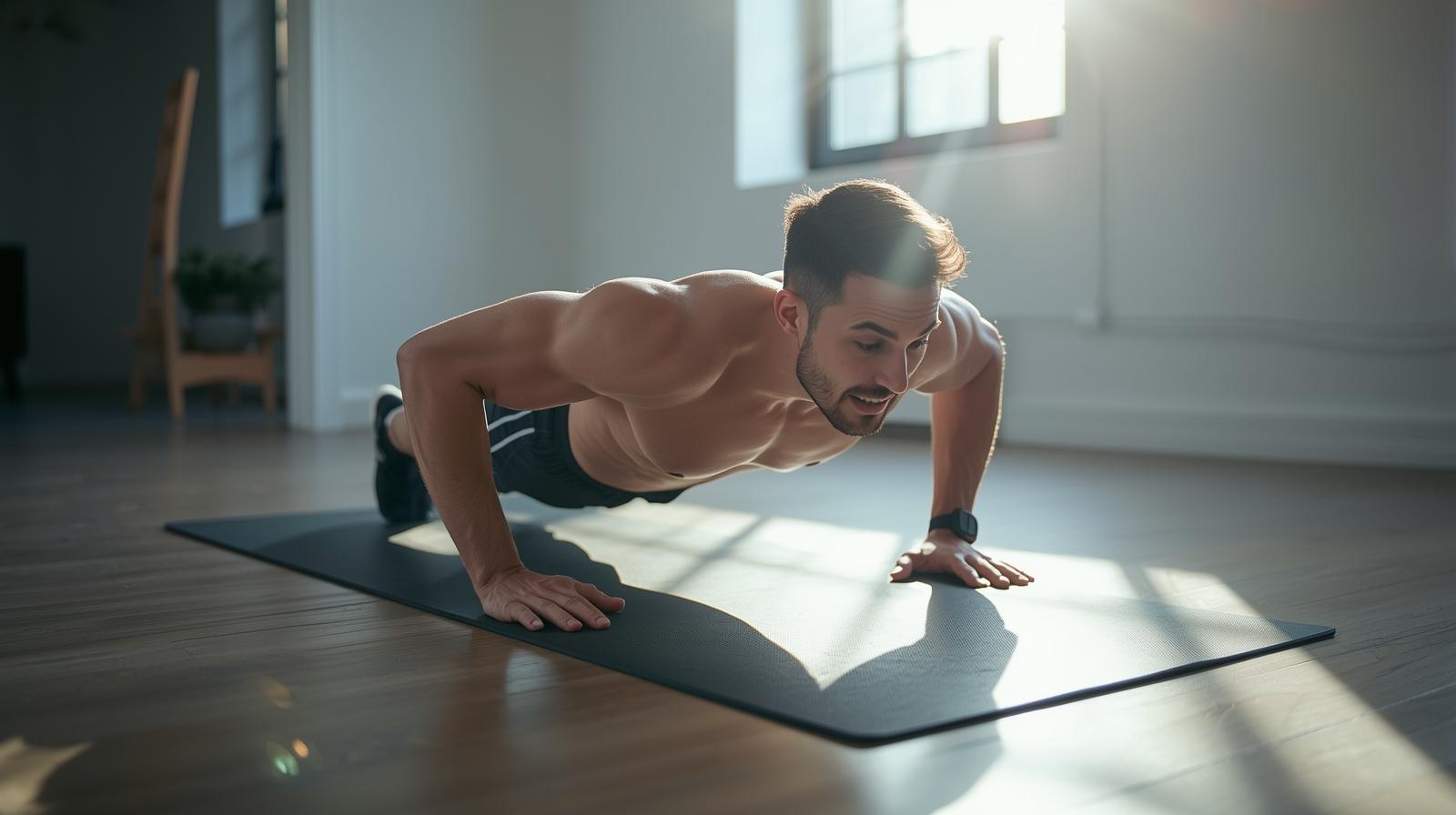 Man doing push-ups during best chest workout for beginners at home
